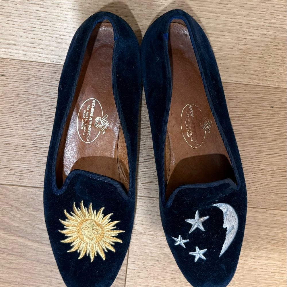 Stubbs & Wootton Navy Velvet Loafers with Sun and Moon Embroidery